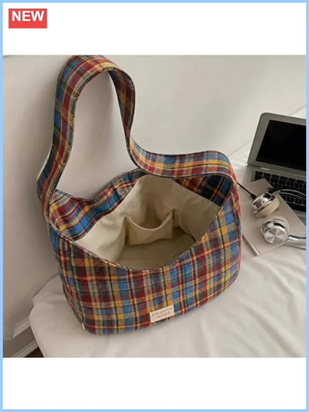 Tweed Hobo Shoulder Bag Plaid Patchwork Purse Crossbody Magnetic Closure